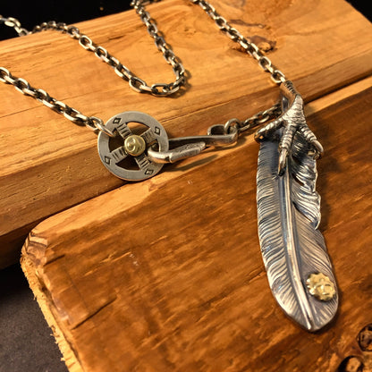 Japan Takahashi Goro Feather Bird Necklace Set Left Feather 66x14mm Necklace 65cm Retro Sterling 925 Silver Hip Hop style Fashion Necklace