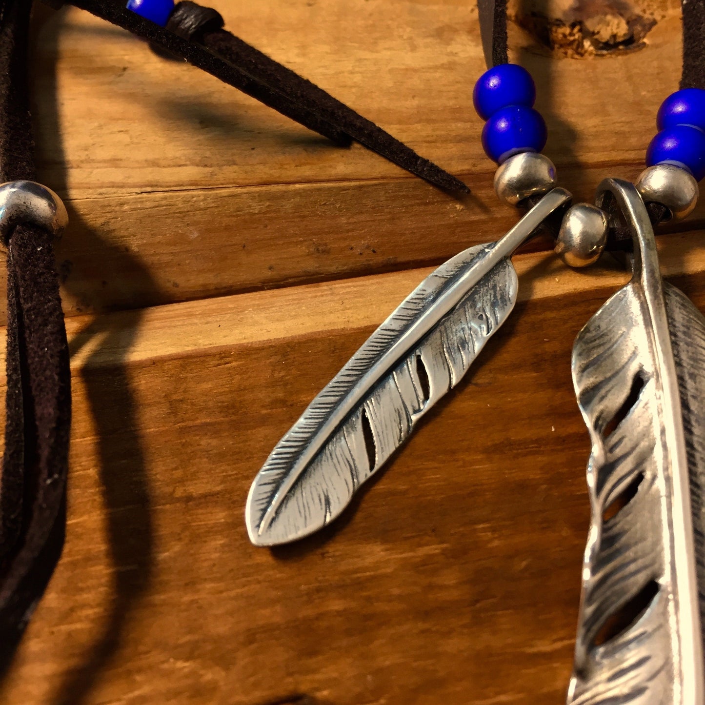 Japan Takahashi Goro Silver Feather Leather Necklace Big Right Feather 66x14mm Small Feather 7x40mm Retro Sterling 925 Silver Hip Hop style