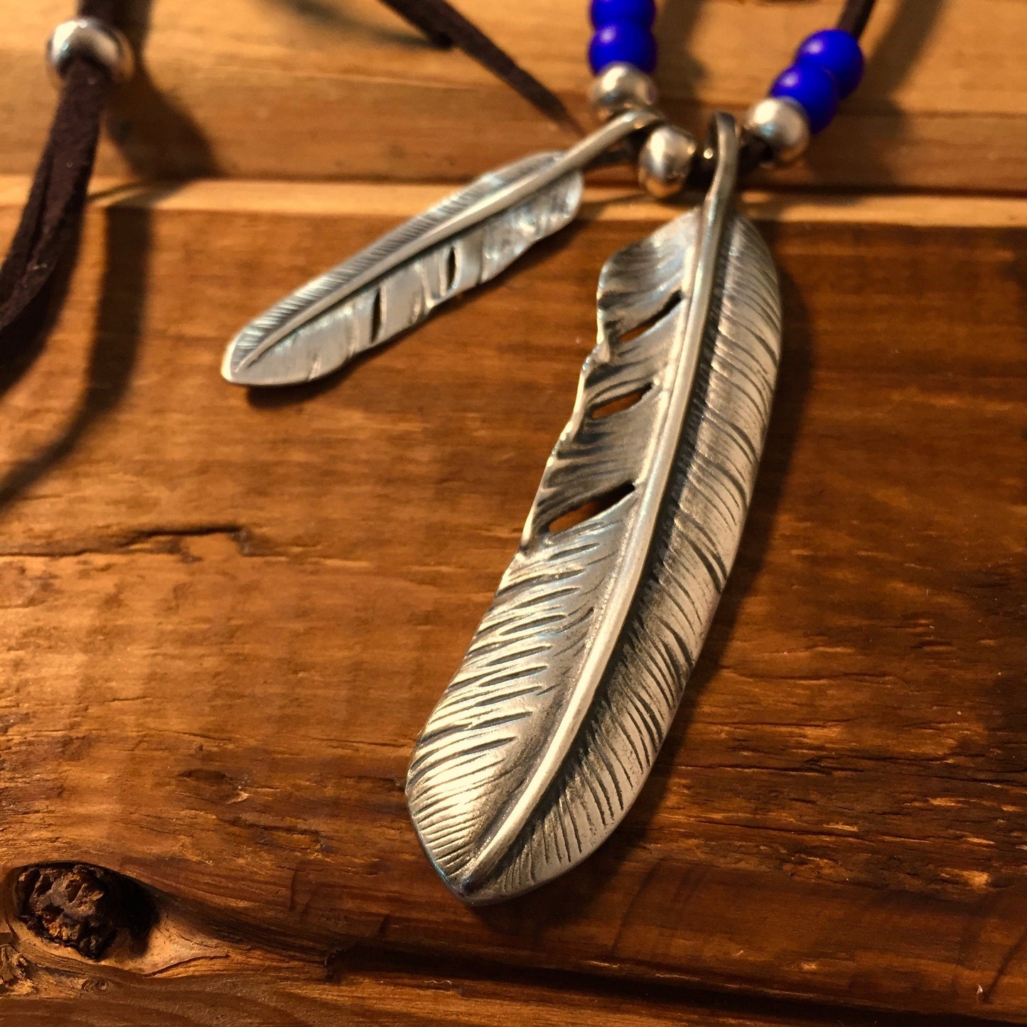 Japan Takahashi Goro Silver Feather Leather Necklace Big Right Feather 66x14mm Small Feather 7x40mm Retro Sterling 925 Silver Hip Hop style