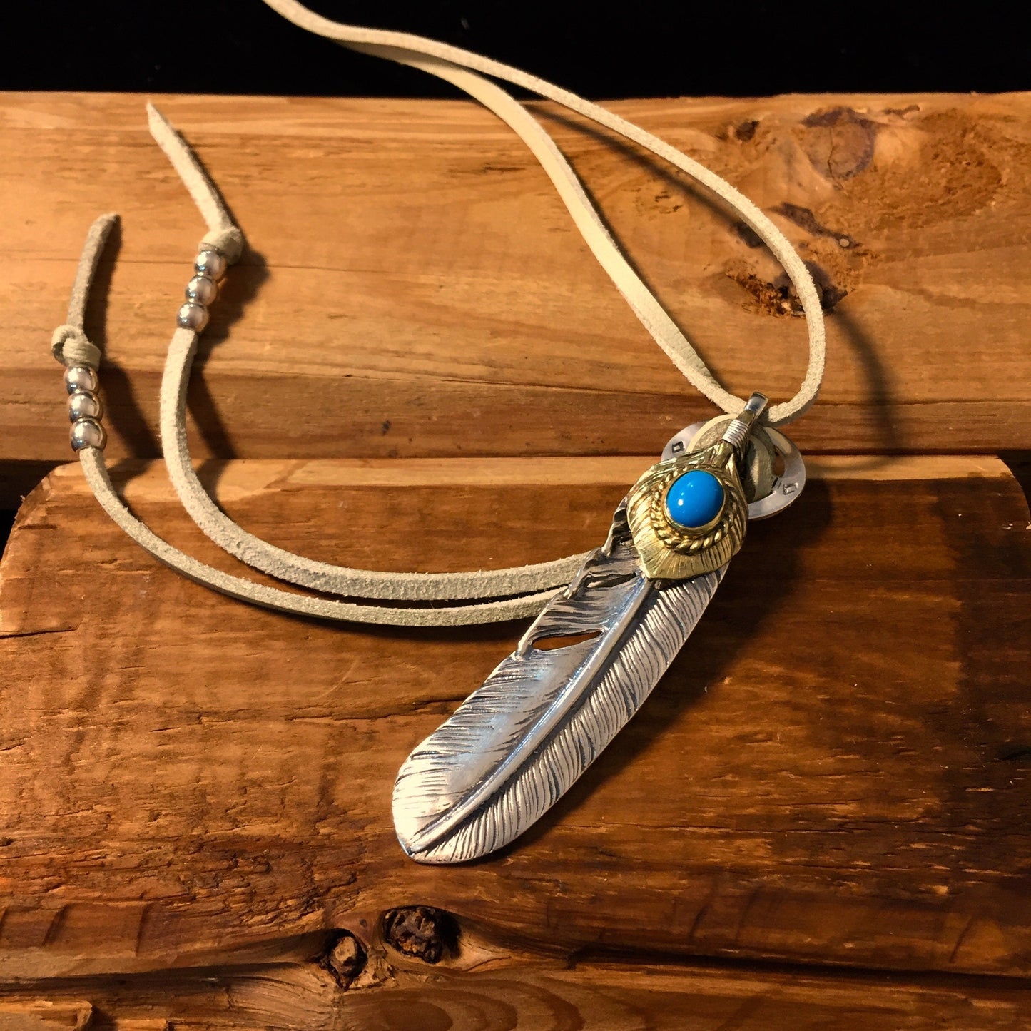 Japan Takahashi Goro Silver Feather Leather Necklace Right Feather 66x14mm Turquoise Beads 5x7mm Retro Sterling 925 Silver Hip Hop style