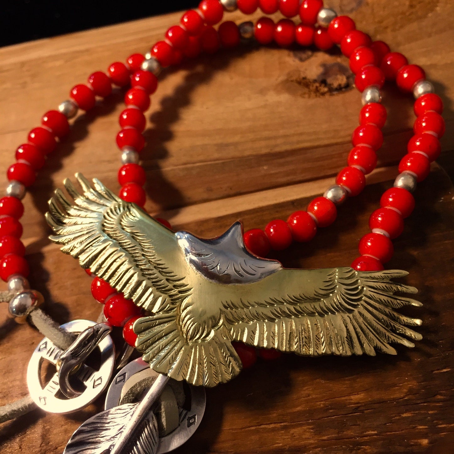 Japan Takahashi Goro Silver Feather Leather Necklace Right Feather 66x14mm Eagle 30x70mm Retro Sterling 925 Silver Hip Hop style Necklace