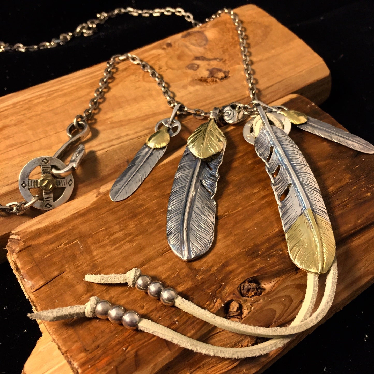 Japan Takahashi Goro Silver Feather Leather Necklace Feathers 66x14mm Red Corundum 5x7mm Retro Sterling 925 Silver Hip Hop style Necklace