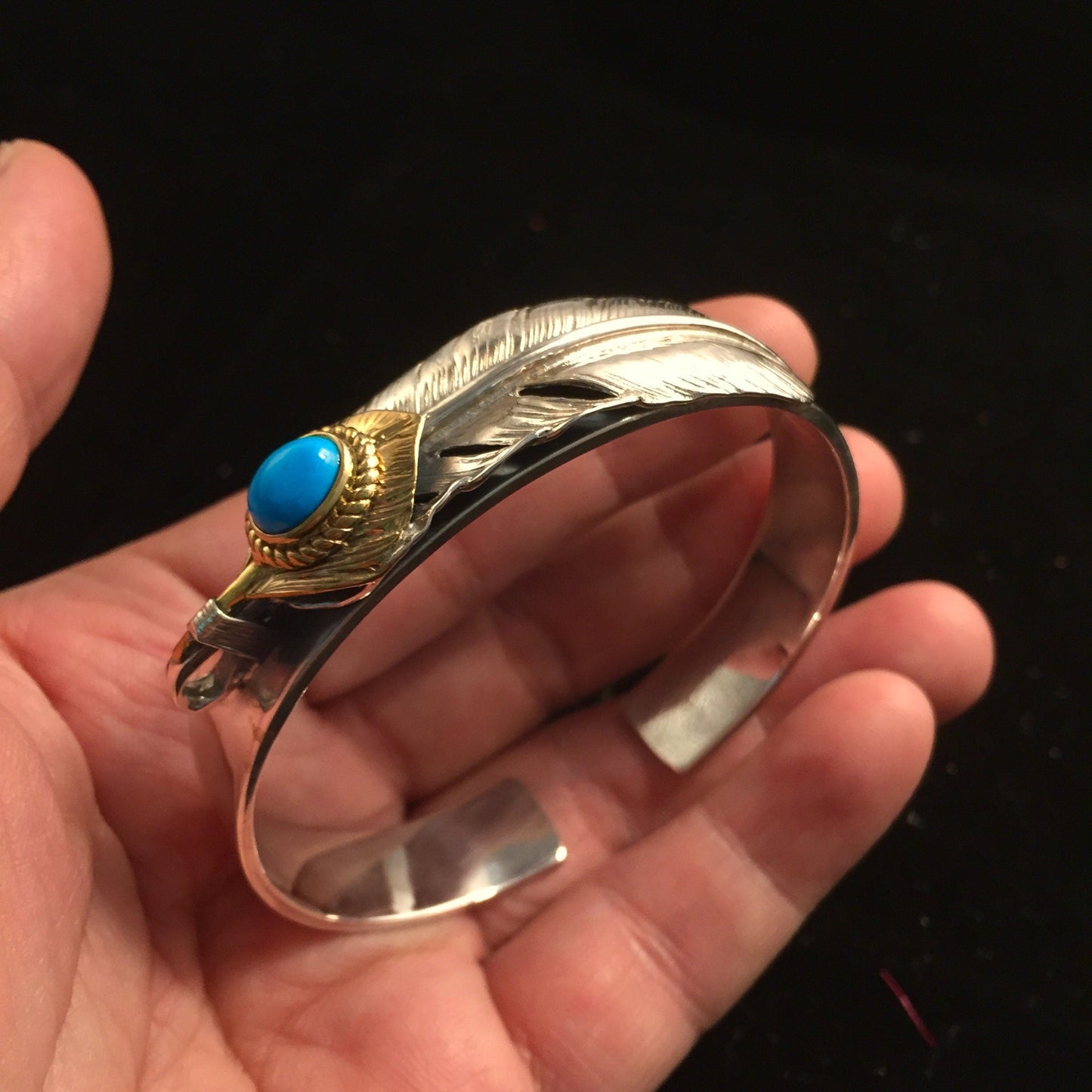 Japan Takahashi Goro Feather Turquoise Beads Silver Bangle Bracelet Diameter 48x65mm Width 12mm Hip Hop Style Sterling 925 Silver Bangle