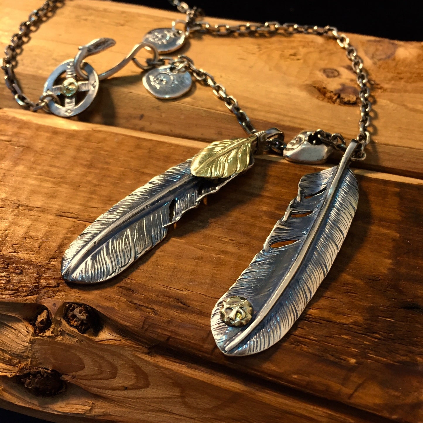 Japan Takahashi Goro Feather Bird Necklace Set Two Feathers 66x14mm Necklace 65cm Retro Sterling 925 Silver Hip Hop style Fashion Necklace