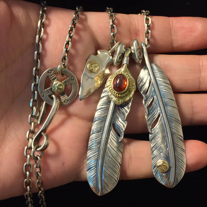 Japan Takahashi Goro Feather Bird Necklace Set Two Feathers 66x14mm Red Corundum 5x7mm Retro Sterling 925 Silver Hip Hop style Necklace