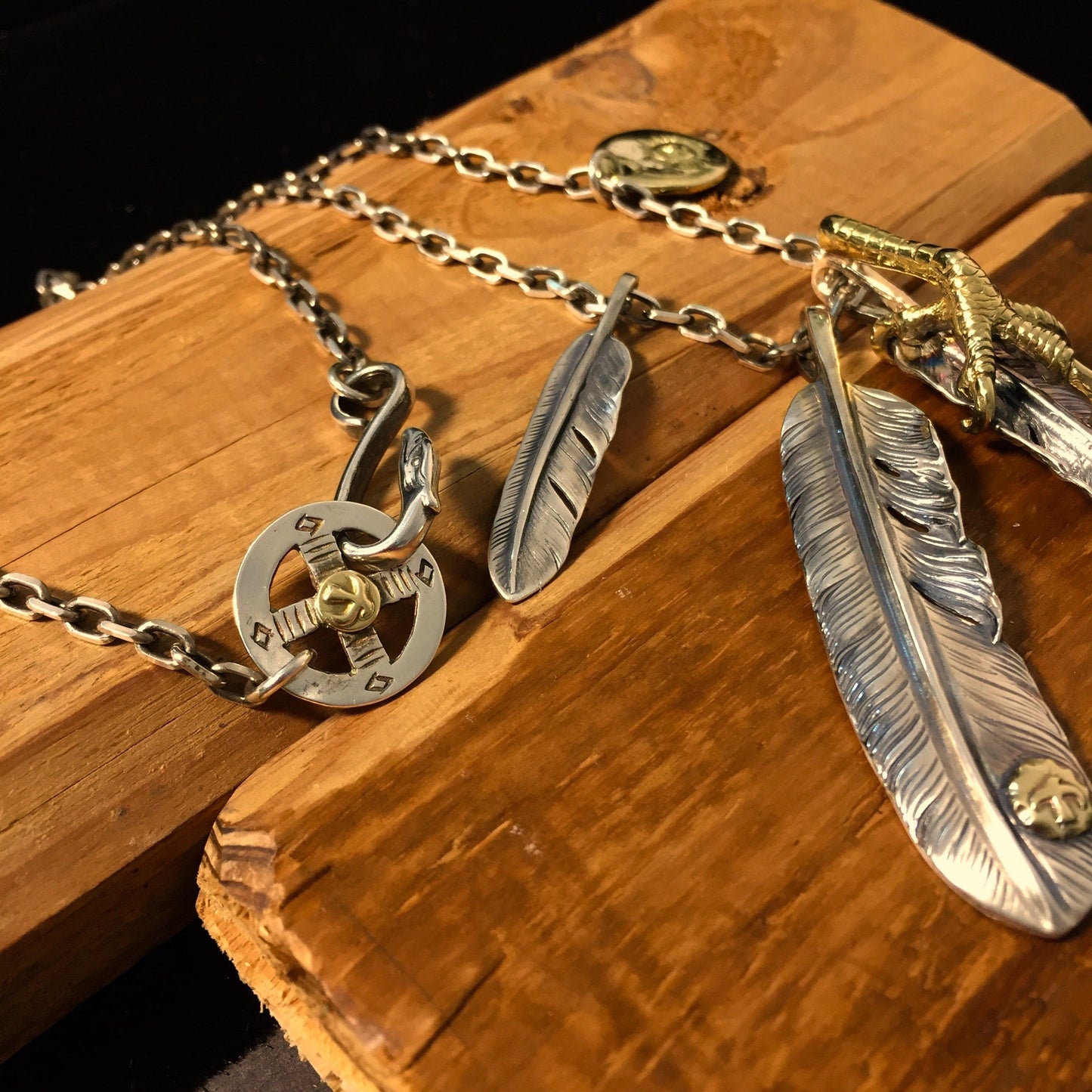 Japan Takahashi Goro Feather Bird Necklace Set Two Big Feather 66x14mm Small Feather 7x40mm Retro Sterling 925 Silver Hip Hop style Necklace
