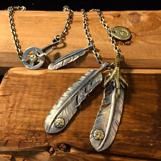 Japan Takahashi Goro Feather Bird Necklace Set Two Big Feather 66x14mm Small Feather 7x40mm Retro Sterling 925 Silver Hip Hop style Necklace