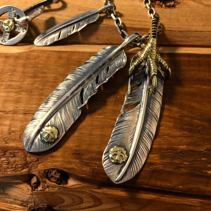 Japan Takahashi Goro Feather Bird Necklace Set Two Big Feather 66x14mm Small Feather 7x40mm Retro Sterling 925 Silver Hip Hop style Necklace