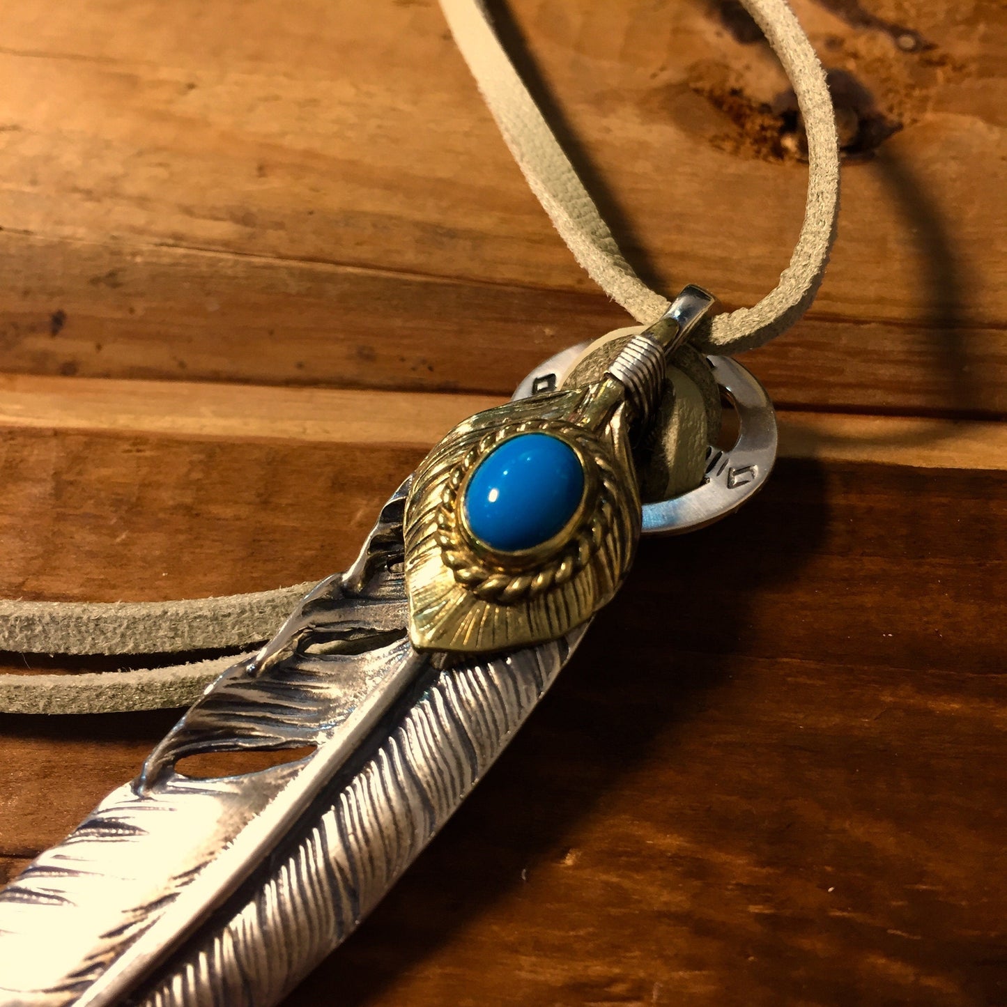 Japan Takahashi Goro Silver Feather Leather Necklace Right Feather 66x14mm Turquoise Beads 5x7mm Retro Sterling 925 Silver Hip Hop style