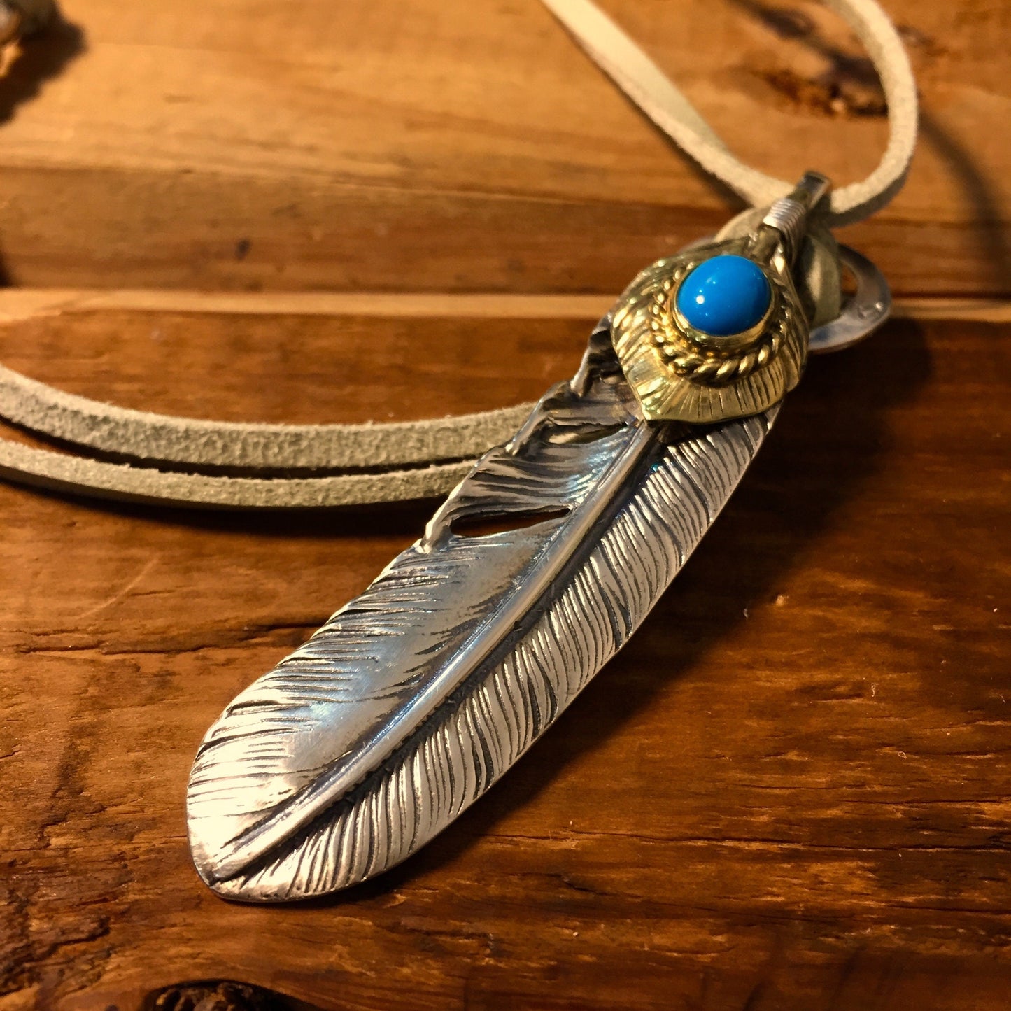 Japan Takahashi Goro Silver Feather Leather Necklace Right Feather 66x14mm Turquoise Beads 5x7mm Retro Sterling 925 Silver Hip Hop style