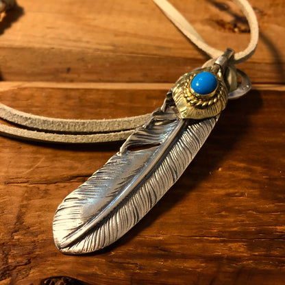 Japan Takahashi Goro Silver Feather Leather Necklace Right Feather 66x14mm Turquoise Beads 5x7mm Retro Sterling 925 Silver Hip Hop style