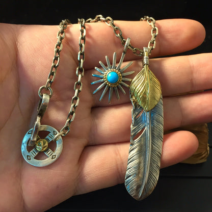 Japan Takahashi Goro Silver Feather Leather Necklace Right Feathers 66x14mm Retro Sterling 925 Silver Hip Hop style Necklace Fashion Pendant