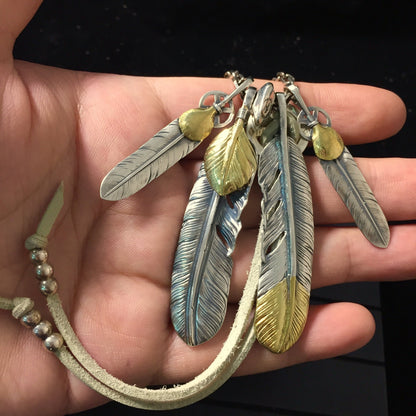 Japan Takahashi Goro Silver Feather Leather Necklace Feathers 66x14mm Red Corundum 5x7mm Retro Sterling 925 Silver Hip Hop style Necklace