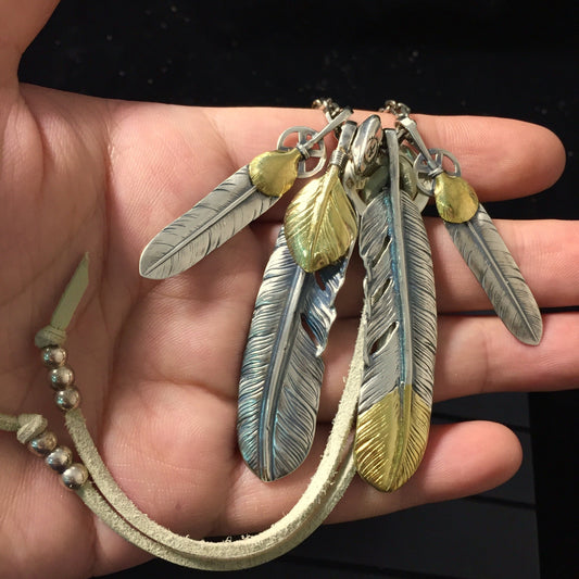 Japan Takahashi Goro Silver Feather Leather Necklace Feathers 66x14mm Red Corundum 5x7mm Retro Sterling 925 Silver Hip Hop style Necklace