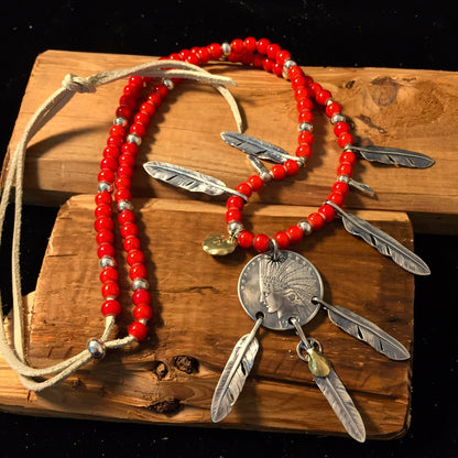 Japan Takahashi Goro Silver Indian Head 26mm Big Feather 7x40mm Small Feather 6x33mm,6x40mm Retro Sterling 925 Silver Hip Hop style Necklace