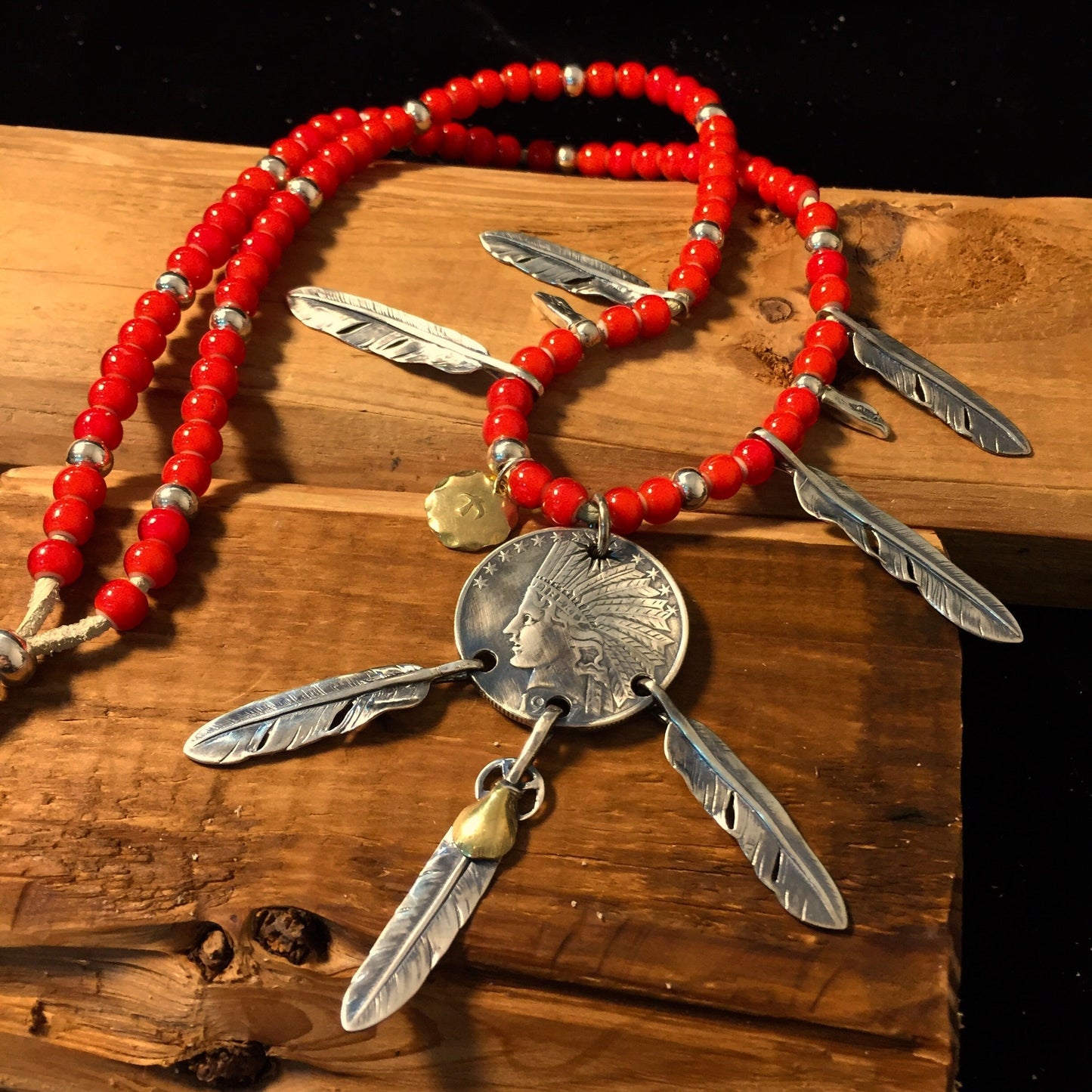 Japan Takahashi Goro Silver Indian Head 26mm Big Feather 7x40mm Small Feather 6x33mm,6x40mm Retro Sterling 925 Silver Hip Hop style Necklace