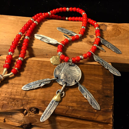 Japan Takahashi Goro Silver Indian Head 26mm Big Feather 7x40mm Small Feather 6x33mm,6x40mm Retro Sterling 925 Silver Hip Hop style Necklace