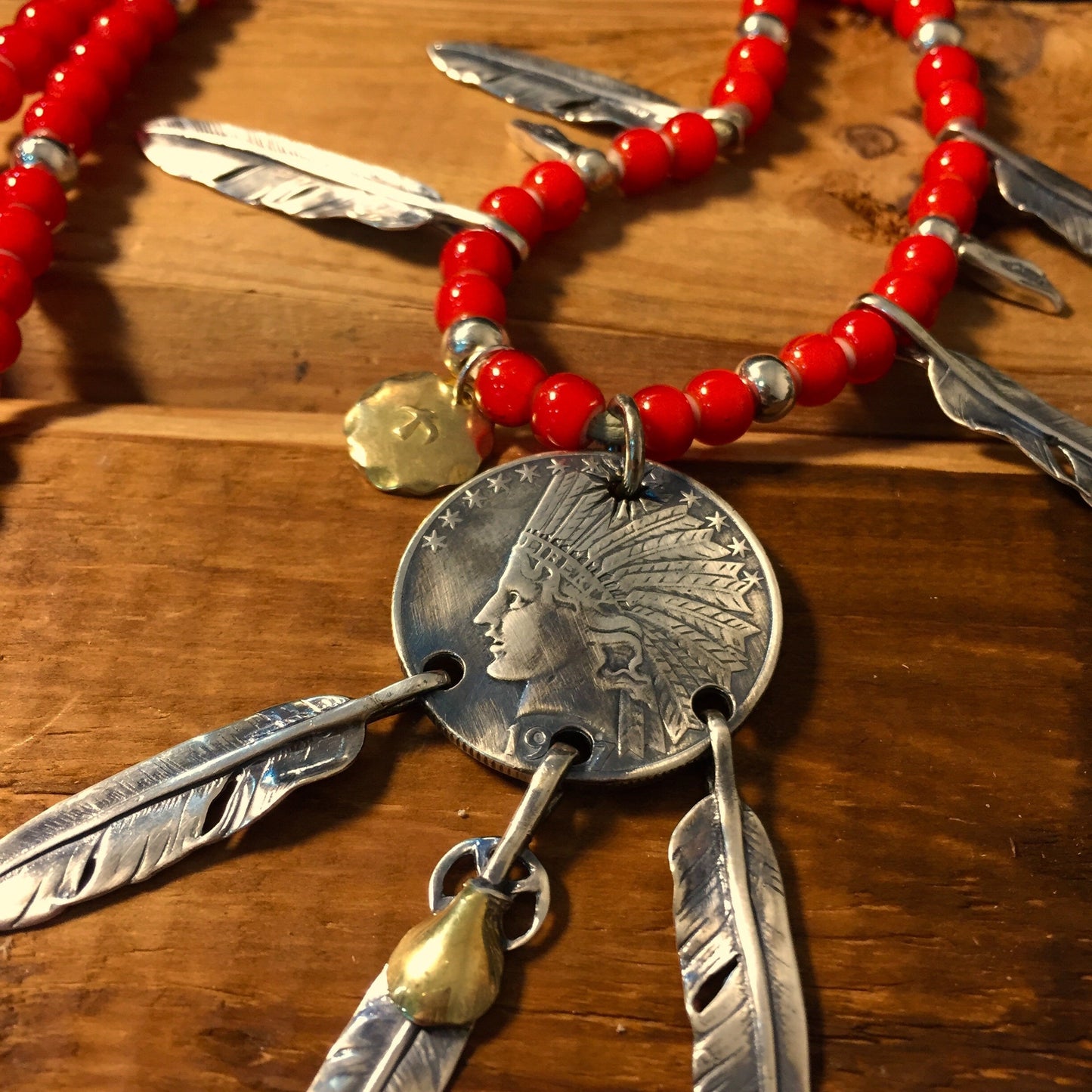 Japan Takahashi Goro Silver Indian Head 26mm Big Feather 7x40mm Small Feather 6x33mm,6x40mm Retro Sterling 925 Silver Hip Hop style Necklace