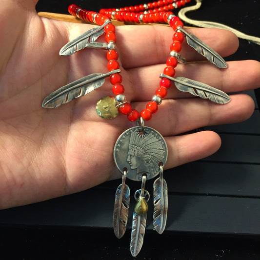 Japan Takahashi Goro Silver Indian Head 26mm Big Feather 7x40mm Small Feather 6x33mm,6x40mm Retro Sterling 925 Silver Hip Hop style Necklace