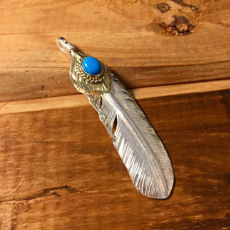 Japan Takahashi Goro 1 Right Feather Turquoise Bead Silver 66x14mm 925 Sterling Feather DIY Jewelry Marking Design for Necklace Earrings