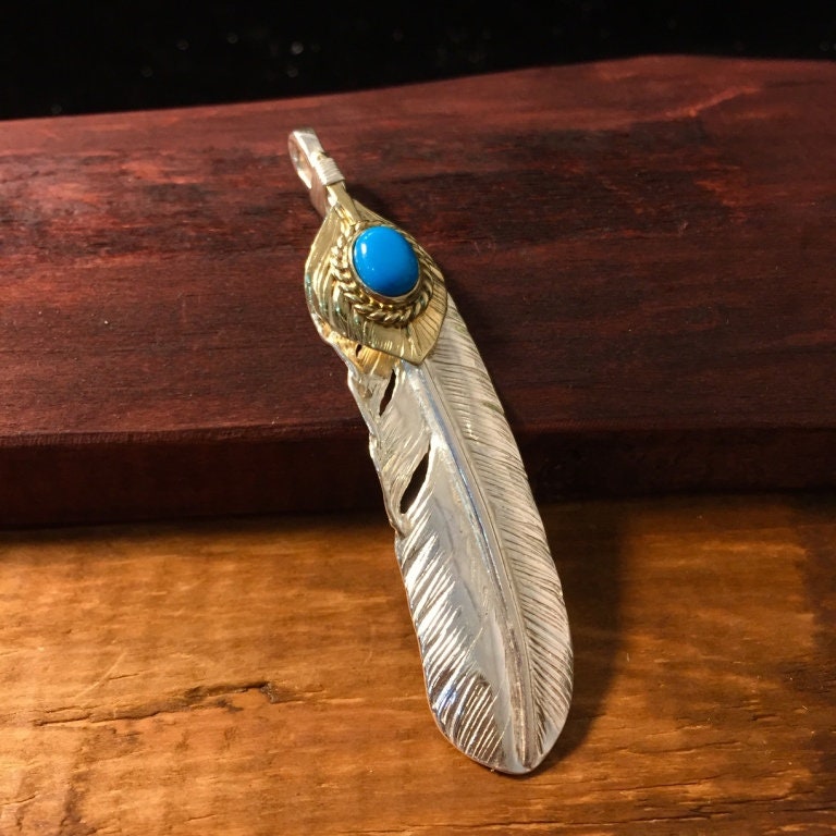 Japan Takahashi Goro 1 Right Feather Turquoise Bead Silver 66x14mm 925 Sterling Feather DIY Jewelry Marking Design for Necklace Earrings
