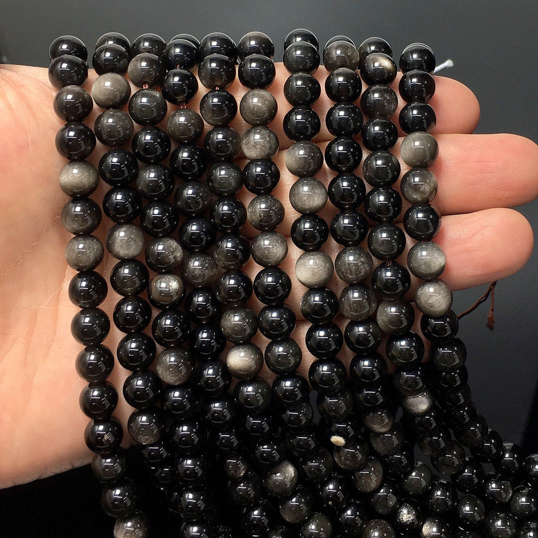 Natural Silver Obsidian Round Smooth beads Energy Healing Gemstone Loose Beads for DIY Jewelry MakingAAA Quality 6mm 8mm