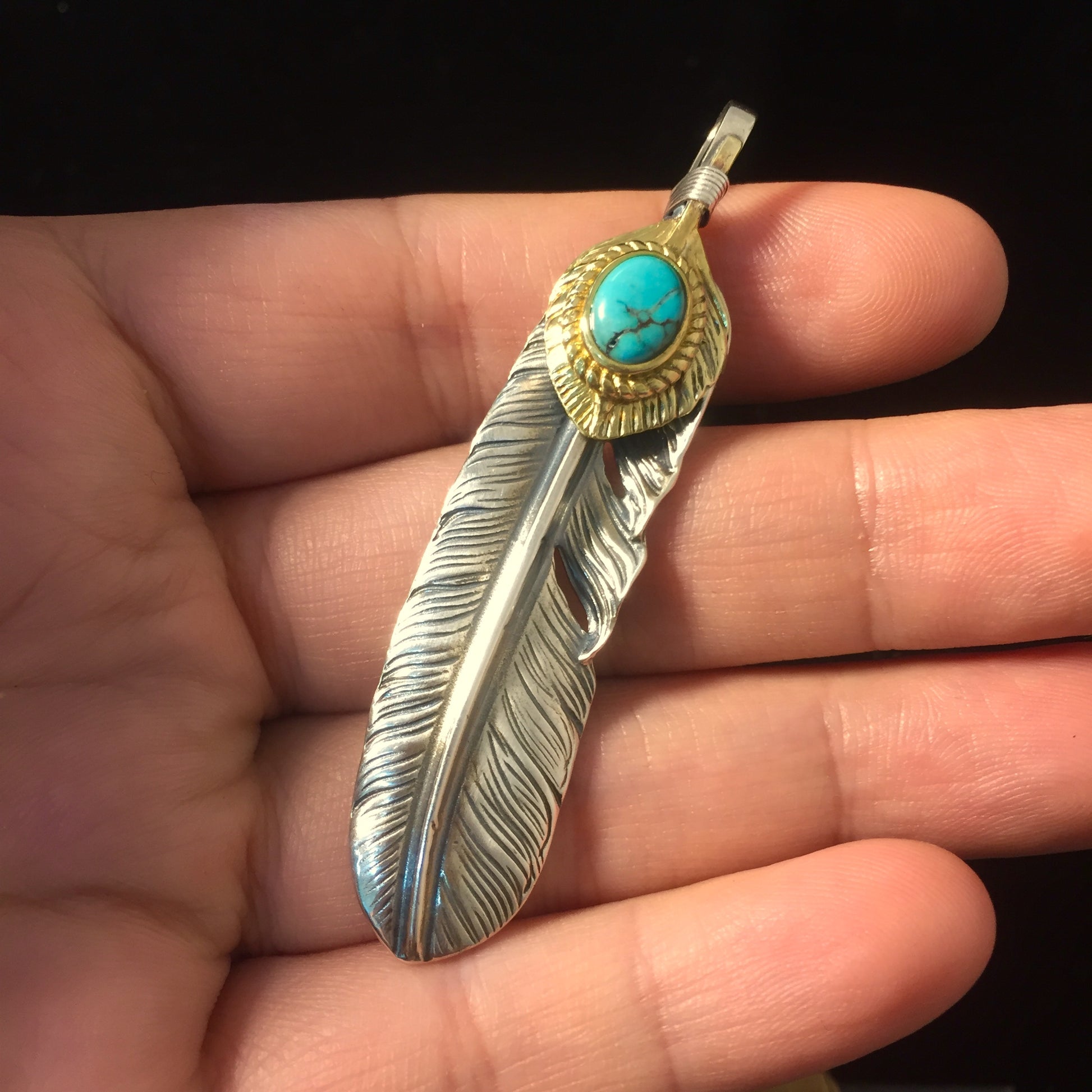 Left Feather Retro 925 Silver Goro Takahashi Pendant with Turquoise
