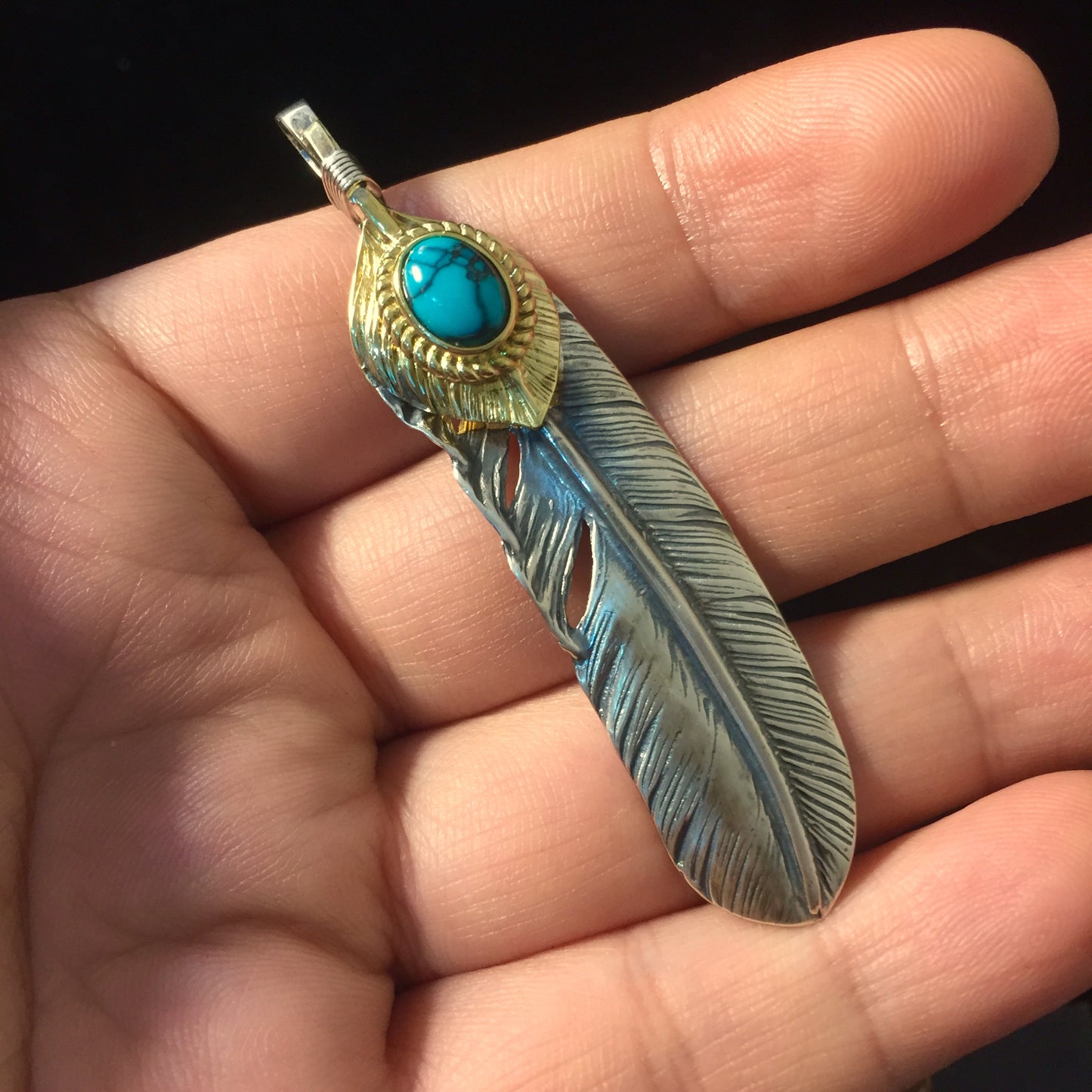 Right Feather Retro 925 Silver Goro Takahashi Pendant with Turquoise