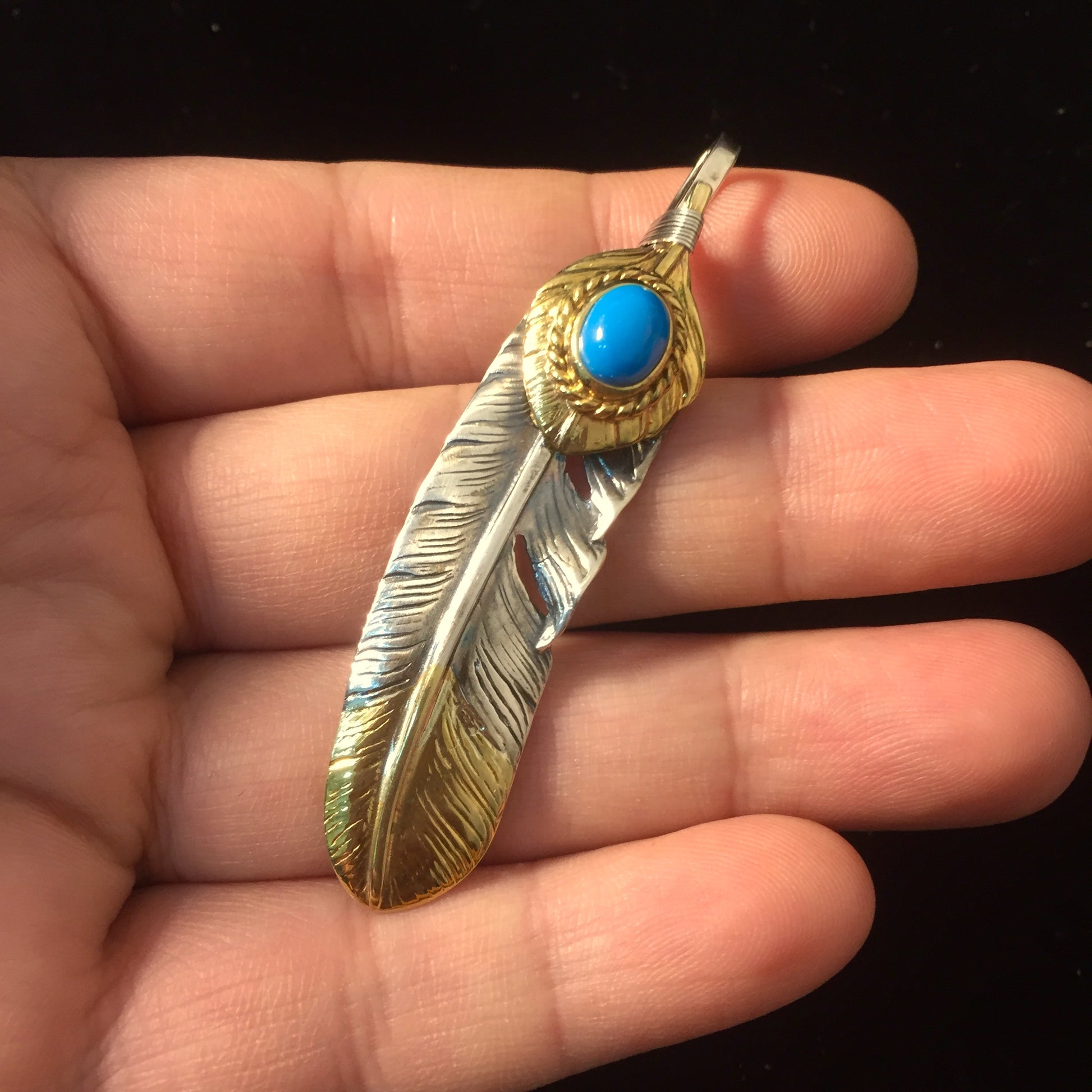 Left Feather Leaf Retro 925 Silver Goro Takahashi Pendant with Brass Turquoise