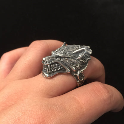 925 Sterling Silver Retro Wolf Head Ring