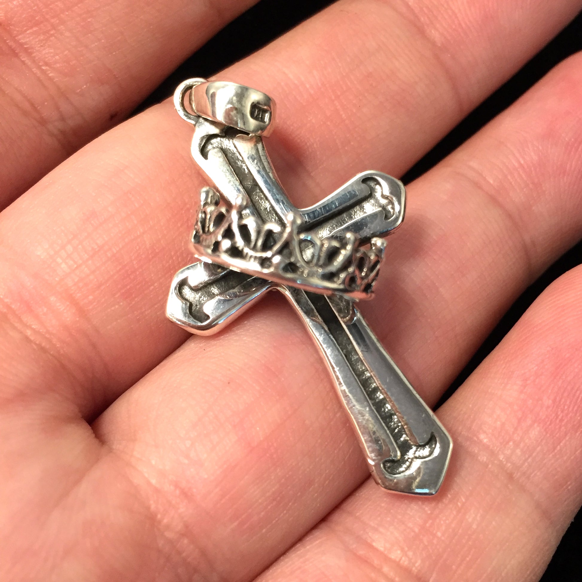 Antique Crown Pattern Cross 925 Silver Pendant